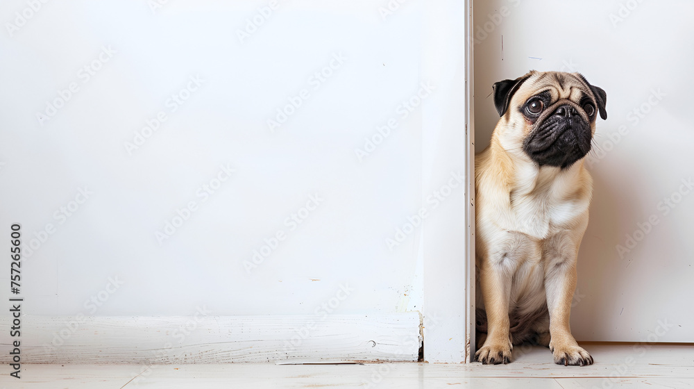 Dog Pug breed waiting owner at the door and looking, Generative Ai