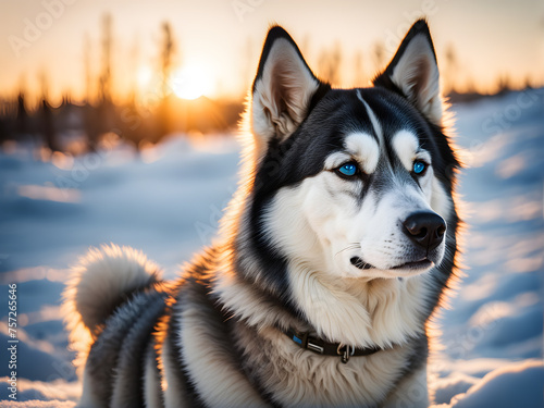 Untamed grace of a Siberian Husky against a backdrop of snow  its fluffy fur dancing in the wintry breeze. Generative Ai.