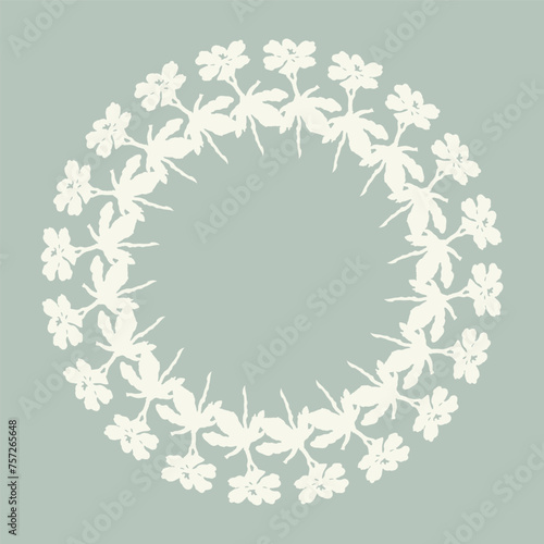 Handmade linocut organic pressed floral vector wreath in whimsical scandi style. Folkart natural woodland frame with woodcut effect for digital monochrome artwork. 