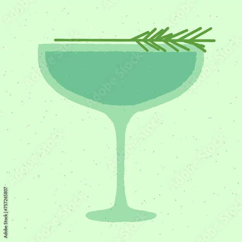 Blue cocktail with rosemary and bubble drink. Refreshing mocktail. Soda and gin tonic in a margarita glass. Alcohol drink for bar. Non-alcoholic beverage. Flat vector illustration with texture