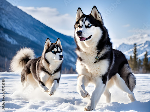 Untamed grace of a Siberian Husky against a backdrop of snow  its fluffy fur dancing in the wintry breeze. Generative Ai.