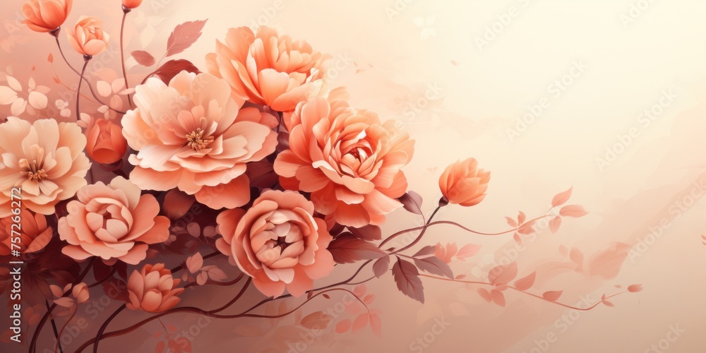 peach color rose illustration, blossom branch in spring, against a peach color background, copy space, poster