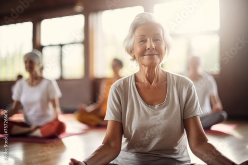 Portrait of elderly woman sits in the lotus position meditating in a yoga studio. Mental and spiritual health development at any age