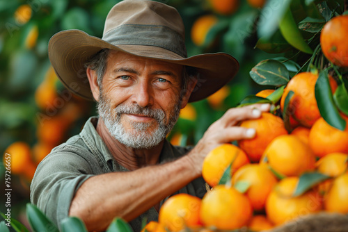 man farmer harvests ripe orange tangerines on a plantation in the orchard