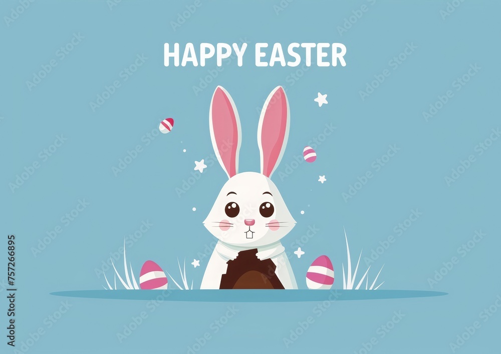 Happy easter greeting card with cute bunny design. Flat cartoon cute white bunny peeking out of the hole on a blue background with text Happy Easter. Easter day mockup Happy easter greeting card with cute bunny design. Flat cartoon cute white bunny peeking out of the hole on a blue background with text Happy Easter. Easter day mockup