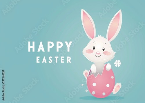 Happy easter greeting card with cute bunny design. Flat cartoon cute white bunny peeking out of the hole on a blue background with text Happy Easter. Easter day mockup