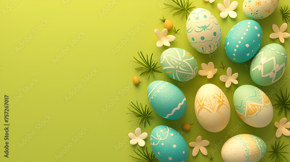 Easter Baking Background with Space for Text: Colorful Eggs, Flour, Baking Ingredients on Wooden Table, Festive Kitchen Scene, Spring Holiday Cooking Concept, Generative Ai

