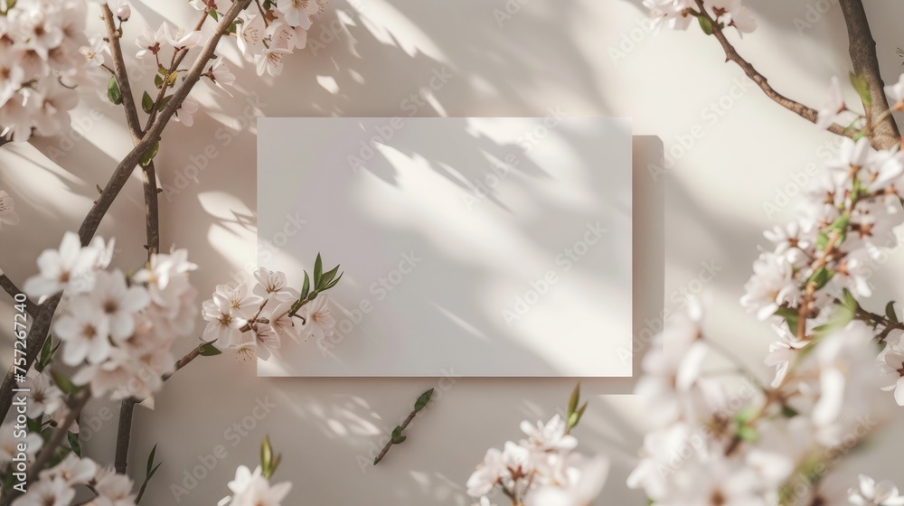 Blank white paper greeting card layout with surrounded dreamy white cherry blossoms branches springtime. 3D mockup wedding card Blank white paper greeting card layout with surrounded dreamy white cherry blossoms branches springtime. 3D mockup wedding card