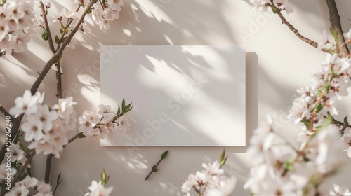 Blank white paper greeting card layout with surrounded dreamy white cherry blossoms branches springtime. 3D mockup wedding card