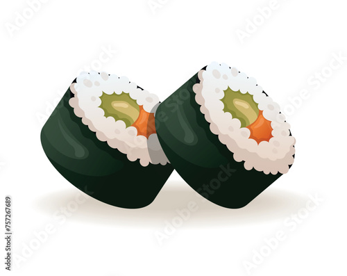 Image of colorful sushi sticker. This design showcases a playful cartoon interpretation of a sushi rolls, filled with vibrant colors on a white background. Vector illustration.