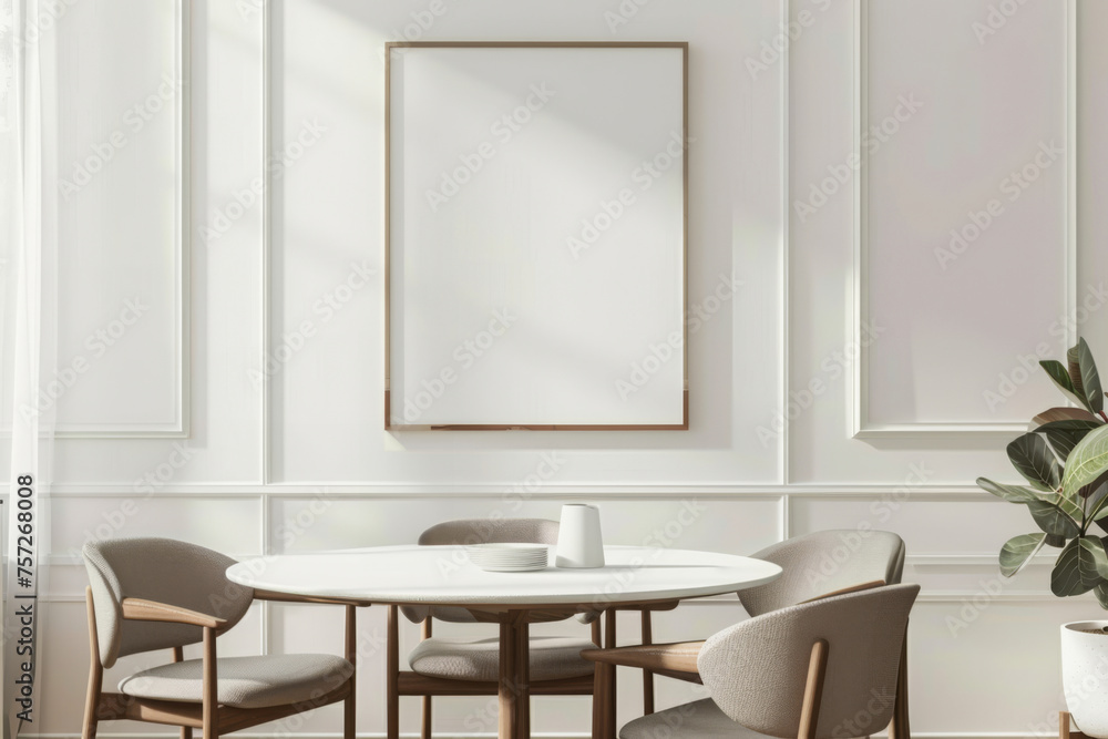 Furniture, dining room and table with wood chairs for modern apartment, hotel and home picture frame. Creative, interior design and mockup poster space for restaurant, dinner and decor inspiration Furniture, dining room and table with wood chairs for modern apartment, hotel and home picture frame. Creative, interior design and mockup poster space for restaurant, dinner and decor inspiration
