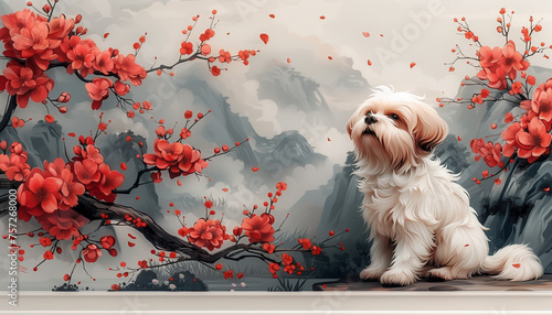 Adorable Shih Tzu Puppy Under a Cherry Blossom Branch: Illustration photo