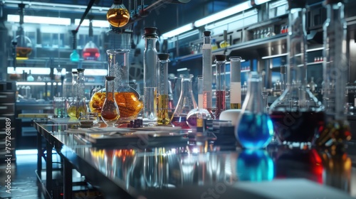 A detailed scene of a modern laboratory with various glassware including beakers, test tubes, and flasks on shiny metallic tables. 