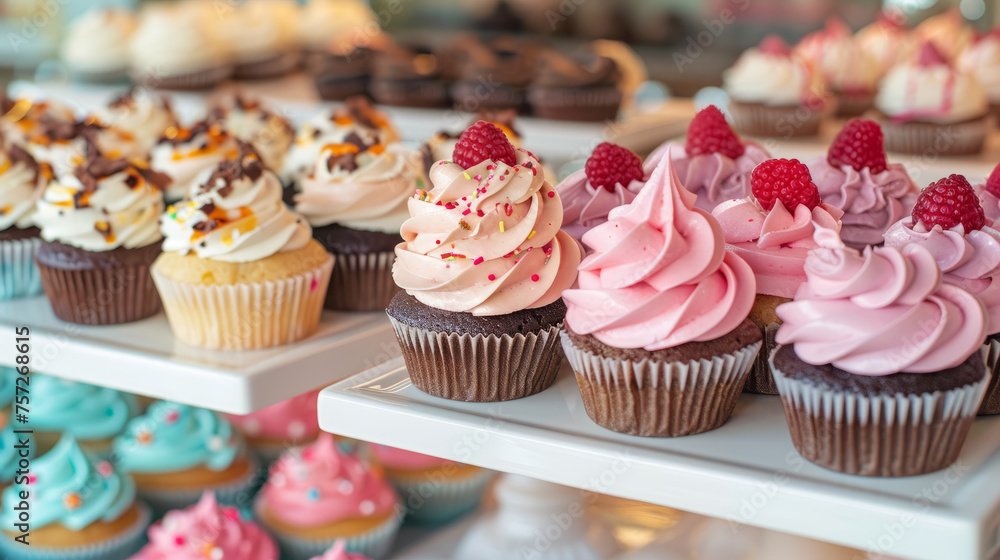 A beautiful array of colorful cupcakes with various toppings perfectly arranged on shelves for a bakery display