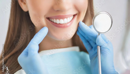 Dientes, primer plano sonrisa de mujer con un espejo pequeño redondo de dentista cerca sus dientes photo