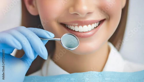 Dientes, primer plano sonrisa de mujer con un espejo pequeño redondo de dentista cerca sus dientes