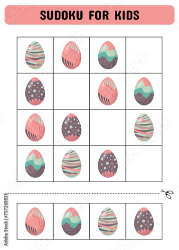 Sudoku game for kids with Easter eggs. Kids activity sheet. Educational game.
