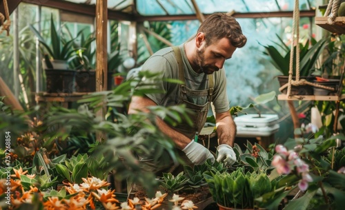 Gardener Tending to Plants in a Lush Greenhouse. Generative ai