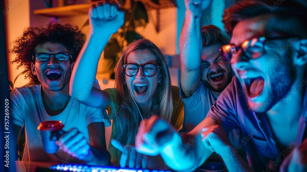 A group of friends huddled around a gaming console cheering and high-fiving each other as they compete in a multiplayer video game A group of friends huddled around a gaming console cheering and high-fiving each other as they compete in a multiplayer video game