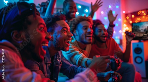 A group of friends huddled around a gaming console cheering and high-fiving each other as they compete in a multiplayer video game