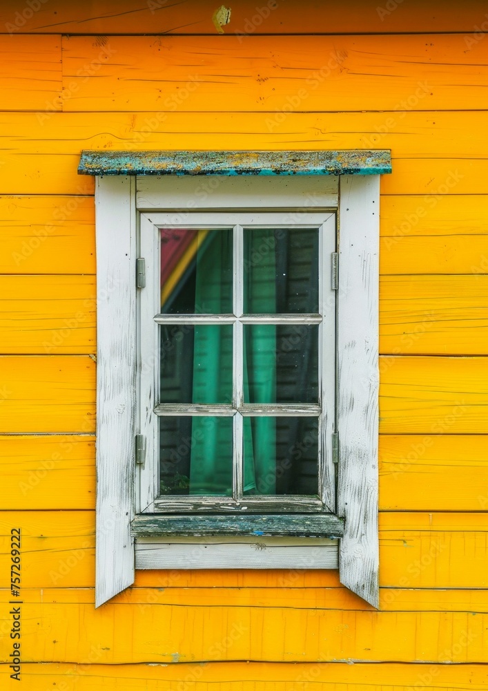 Vintage Window on Vibrant Yellow Wall. Generative ai