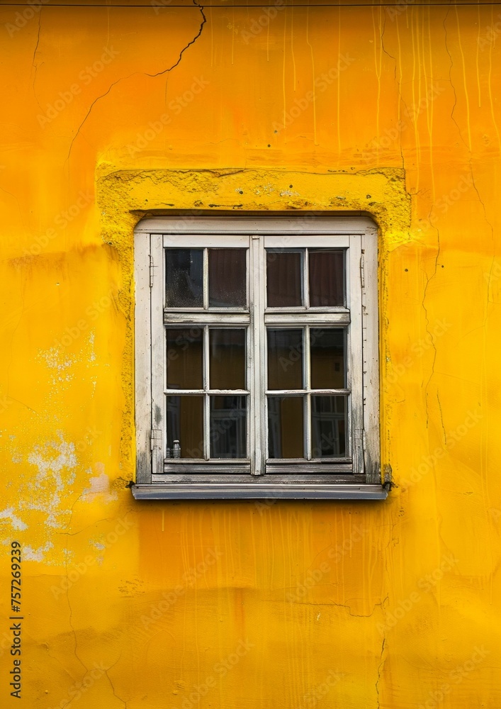 Vintage Window on Vibrant Yellow Wall. Generative ai