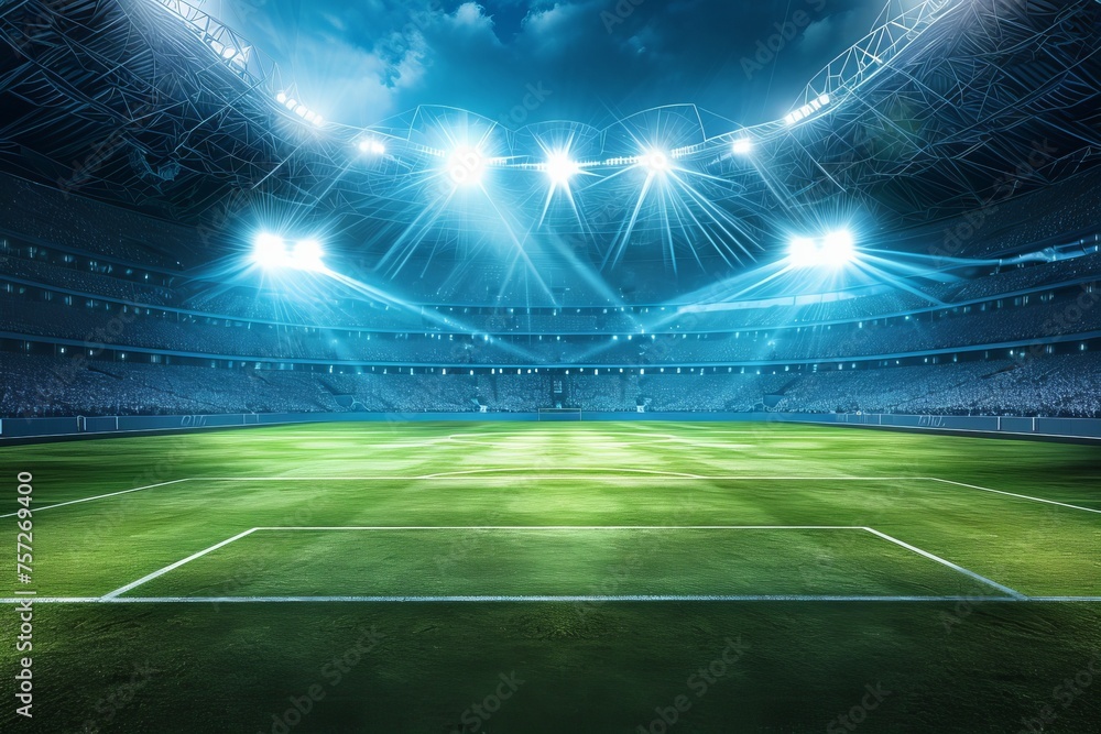 Illuminated american football stadium with projectors at night. Sports background concept	
