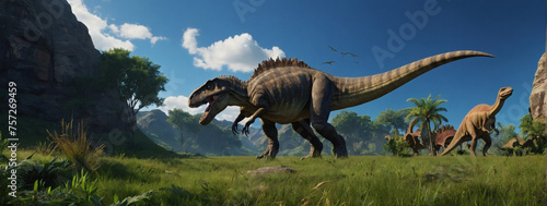A glimpse into the Triassic period as dinosaurs inhabit a grassy landscape under a deep blue sky, symbolizing the historical evolution of our planet. © xKas