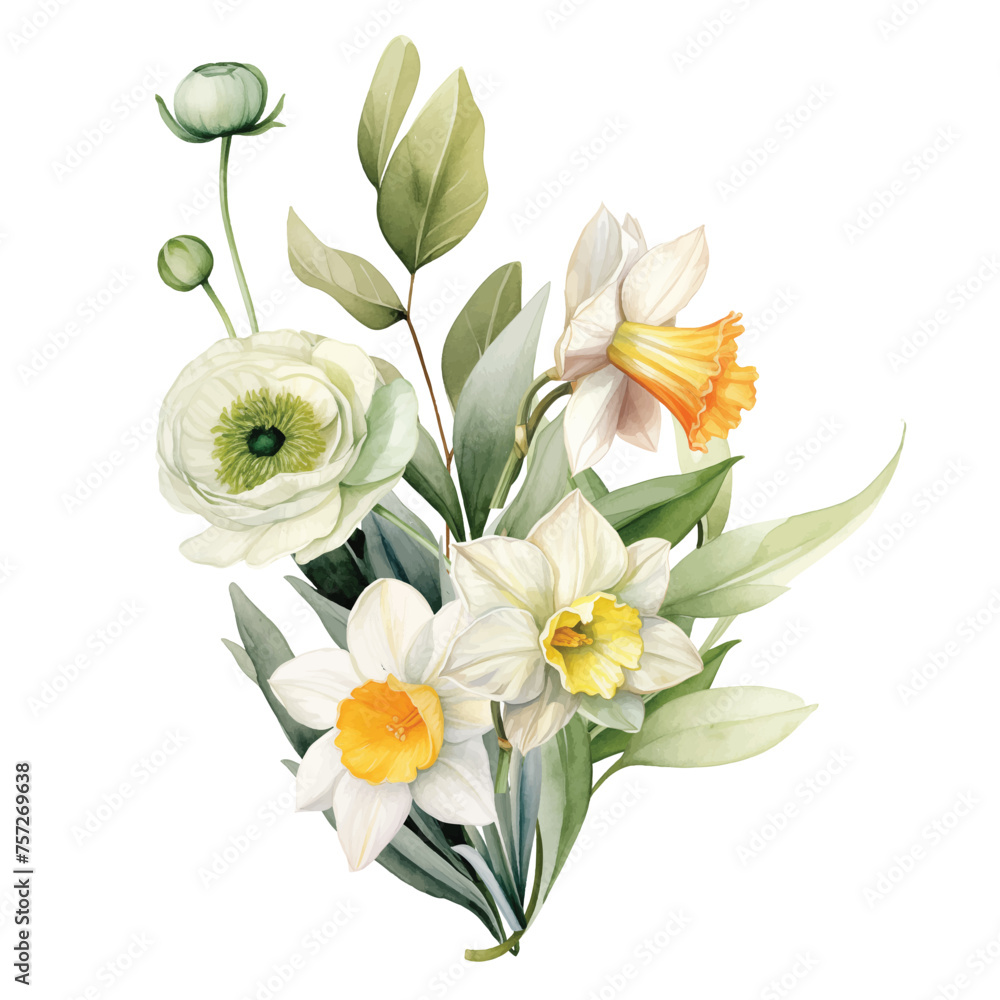 Fototapeta premium Watercolor flowers bouquet with colorful leaves branches wildflowers illustration elements