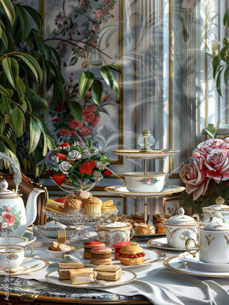 Fototapeta premium A variety of colorful desserts spread across a table topped with a white tablecloth.