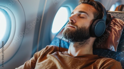 Young Man Relaxing with Closed Eyes During Airplane Journey