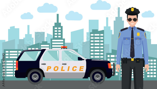 Young Cute Smiling Standing Policeman Officer in Uniform with Police Car and Modern Cityscape in Flat Style. Vector Illustration