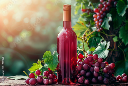 A bottle of wine on a background of grapes. Mockup.