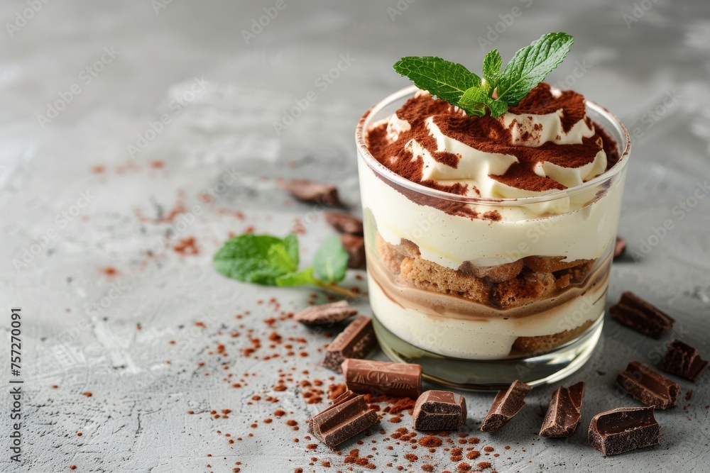 Delicious tiramisu with mint in glass on grey table. Space for text Delicious tiramisu with mint in glass on grey table. Space for text