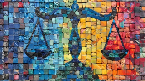 Justice symbols mosaic, diverse icons forming a larger image of scales, community justice