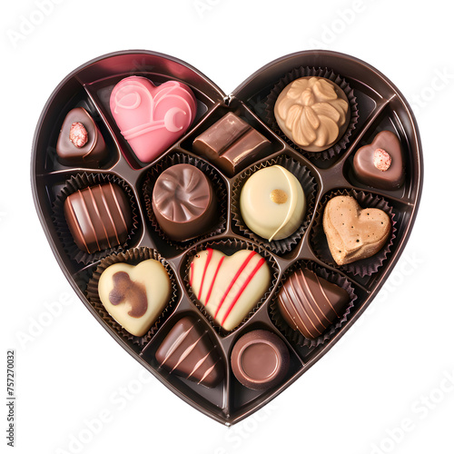 Heart shaped box with delicious chocolate candies isolated on transparent background