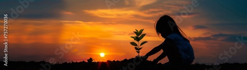 Silhouette of a child planting a tree, hope and giving back to the environment