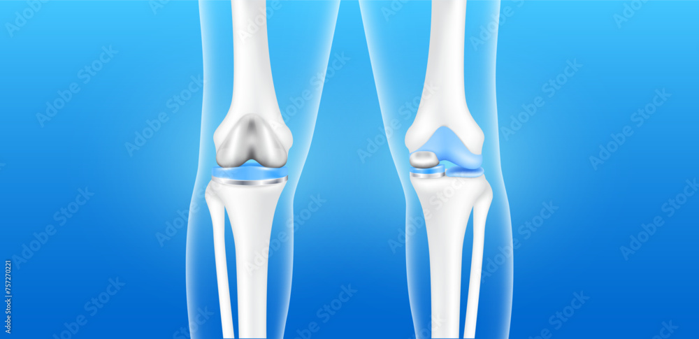 Total knee replacement or Partial implant for treatment relieve arthritis, after joint damaged. X Ray scan leg bone and cartilage. Medical health care science technology concept. 3D vector banner. Total knee replacement or Partial implant for treatment relieve arthritis, after joint damaged. X Ray scan leg bone and cartilage. Medical health care science technology concept. 3D vector banner.