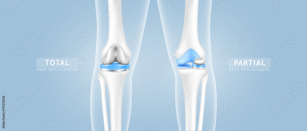 Knee replacement surgery total or partial implant for treatment relieve arthritis, after joint damaged. X Ray scan leg bone and cartilage. Medical health care science technology concept. Vector EPS10. - obrazy, fototapety, plakaty 
