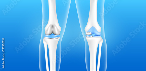 Total knee replacement or Partial implant for treatment relieve arthritis, after joint damaged. X Ray scan leg bone and cartilage. Medical health care science technology concept. 3D vector banner. photo