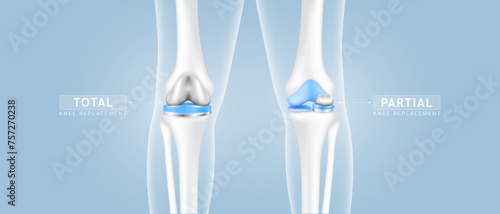 Knee replacement surgery total or partial implant for treatment relieve arthritis, after joint damaged. X Ray scan leg bone and cartilage. Medical health care science technology concept. Vector EPS10. photo