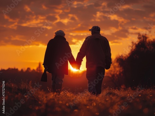 An elderly couple's silhouette at sunset, walking hand in hand, representing lifelong care and compa
