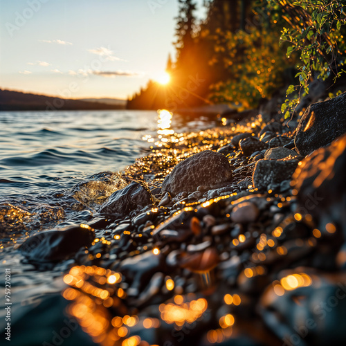 Rocky shoreline on a freshwater lake at sunset