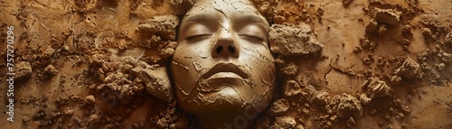 Surreal landscape of a human face emerging from soil, with eyes closed, meditating on the concept of