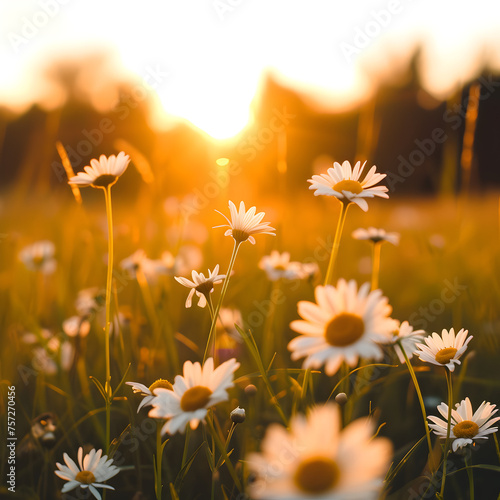 The landscape of white daisy blooms in a field, with the focus on the setting sun. The grassy meadow is blurred, creating a warm golden hour effect during sunset and sunrise time.