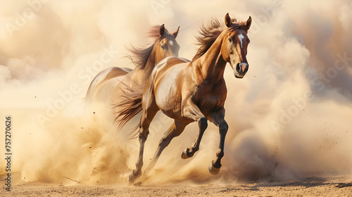 Majestic Horses with Long Mane  Stunning Portrait of Equine Beauty Running and Galloping in Desert Landscape  Graceful Stallions in Motion  Wild Horse Photography  Generative Ai  