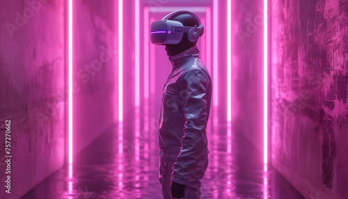 Futuristic scene, Black man in pink neon space, wearing VR glasses. Modern technology, games photo