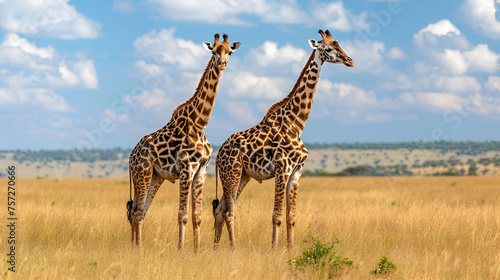 Giraffes in the African Savannah: Majestic Wildlife in Serengeti Nation, Wild Giraffe Herd Grazing in Natural Habitat, African Safari Adventure, Safari Landscape Scene, Generative Ai   © Aleem