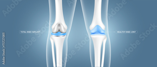 Total knee replacement surgery or implant and healthy leg bone cartilage. Treatment relieve arthritis, after joint damaged. Medical health care science technology concept. Vector EPS10.