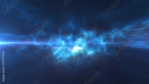 Blue energy glowing magic waves and electric lightning charges high-tech digital iridescent liquid plasma with light rays lines and energy particles. Abstract background. Video in high quality 4k
